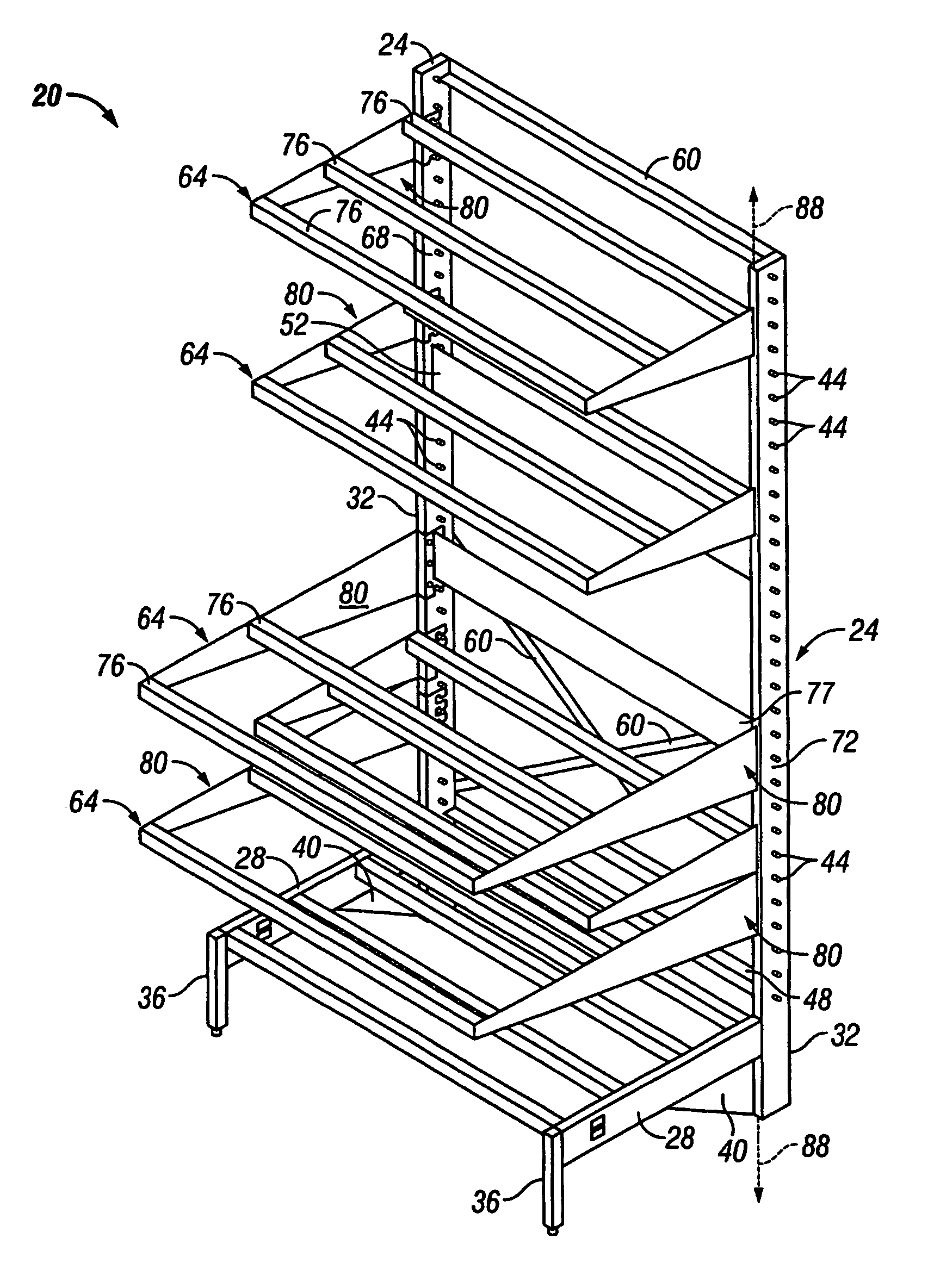 Modular cantilevered shelving assembly and method