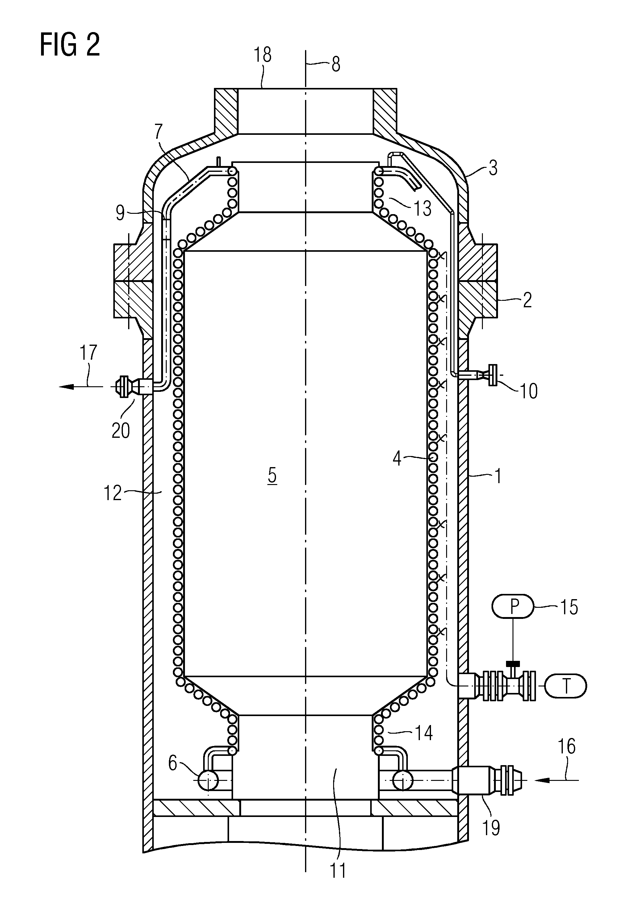 In-line gasifier having a cooling jacket with pipework passing through the side of the pressure cladding