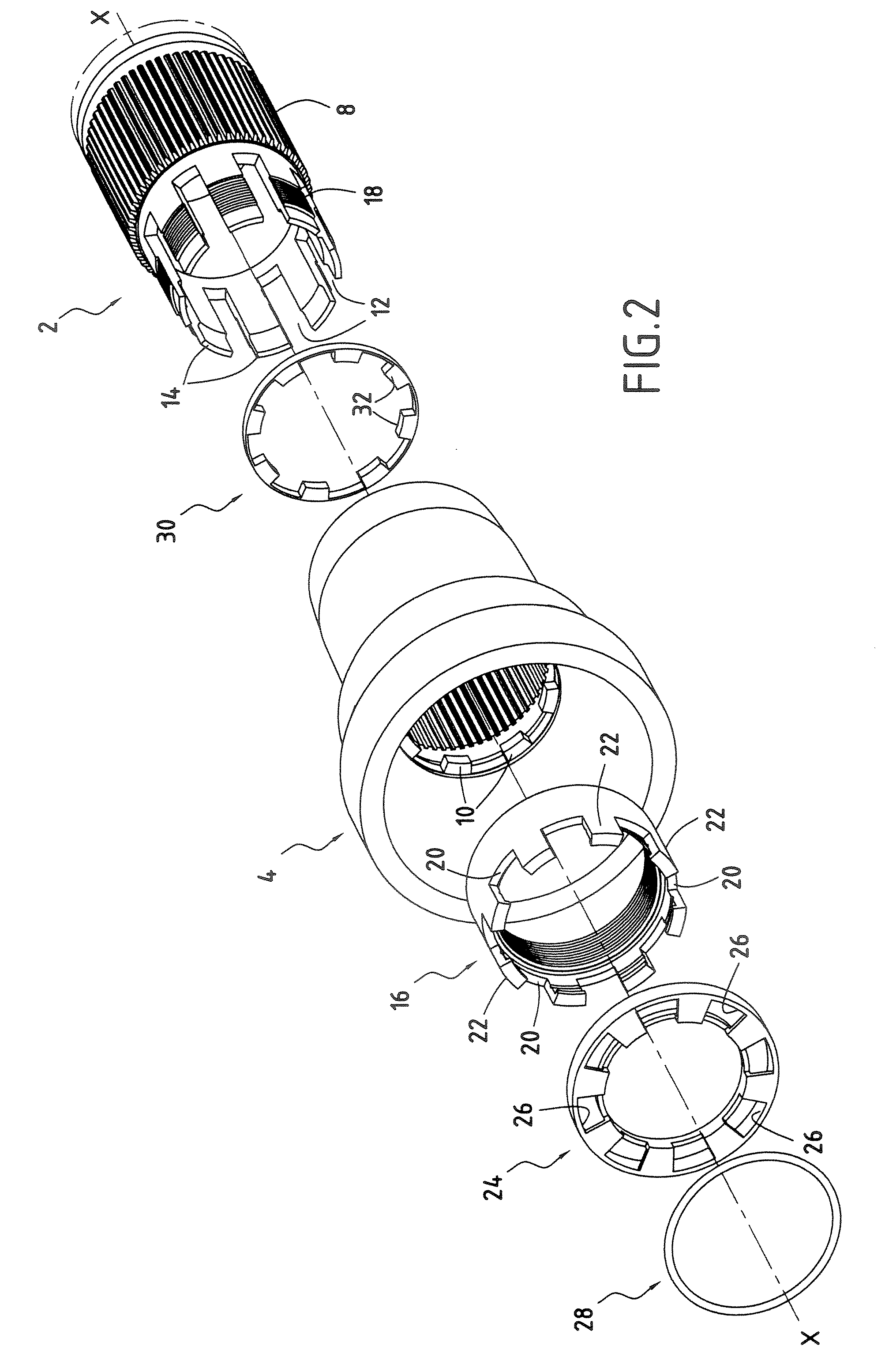 Radially-compact assembly between a turbine shaft and a stub axle of a turbomachine compressor shaft