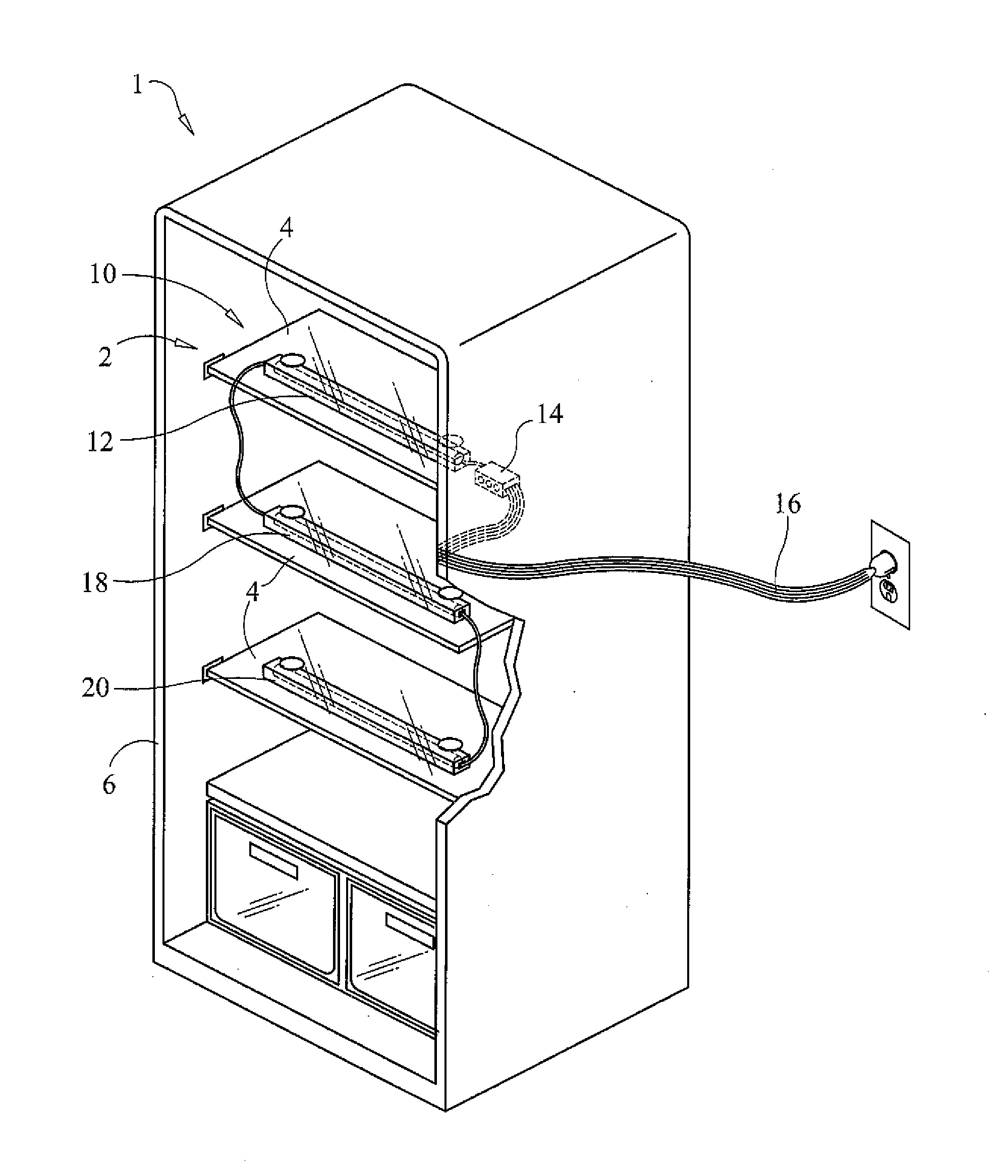 Antimicrobial ultraviolet light system for refrigerator sanitation