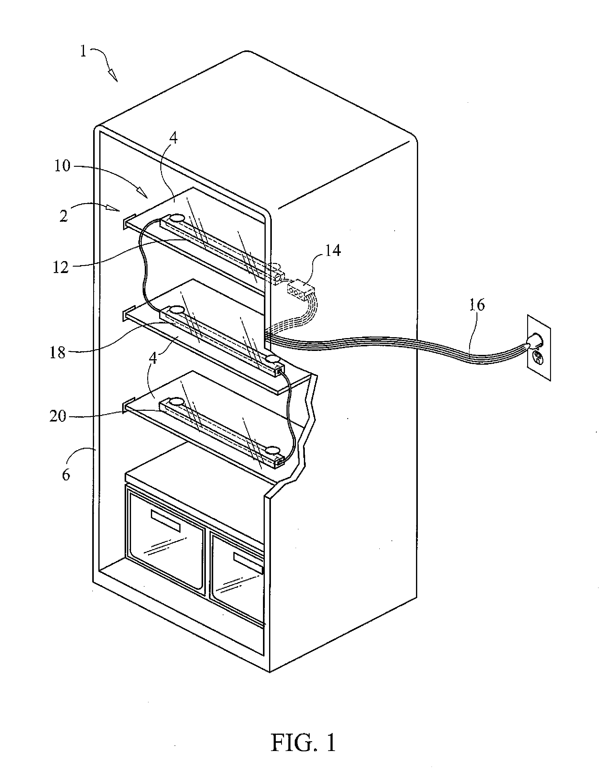 Antimicrobial ultraviolet light system for refrigerator sanitation