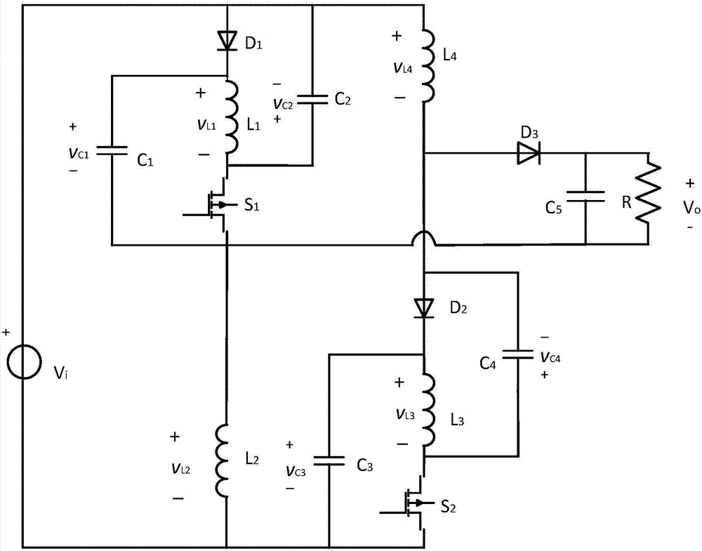 High-gain direct-current voltage converter capable of lowering current stress of switching tube