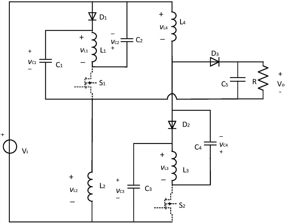 High-gain direct-current voltage converter capable of lowering current stress of switching tube