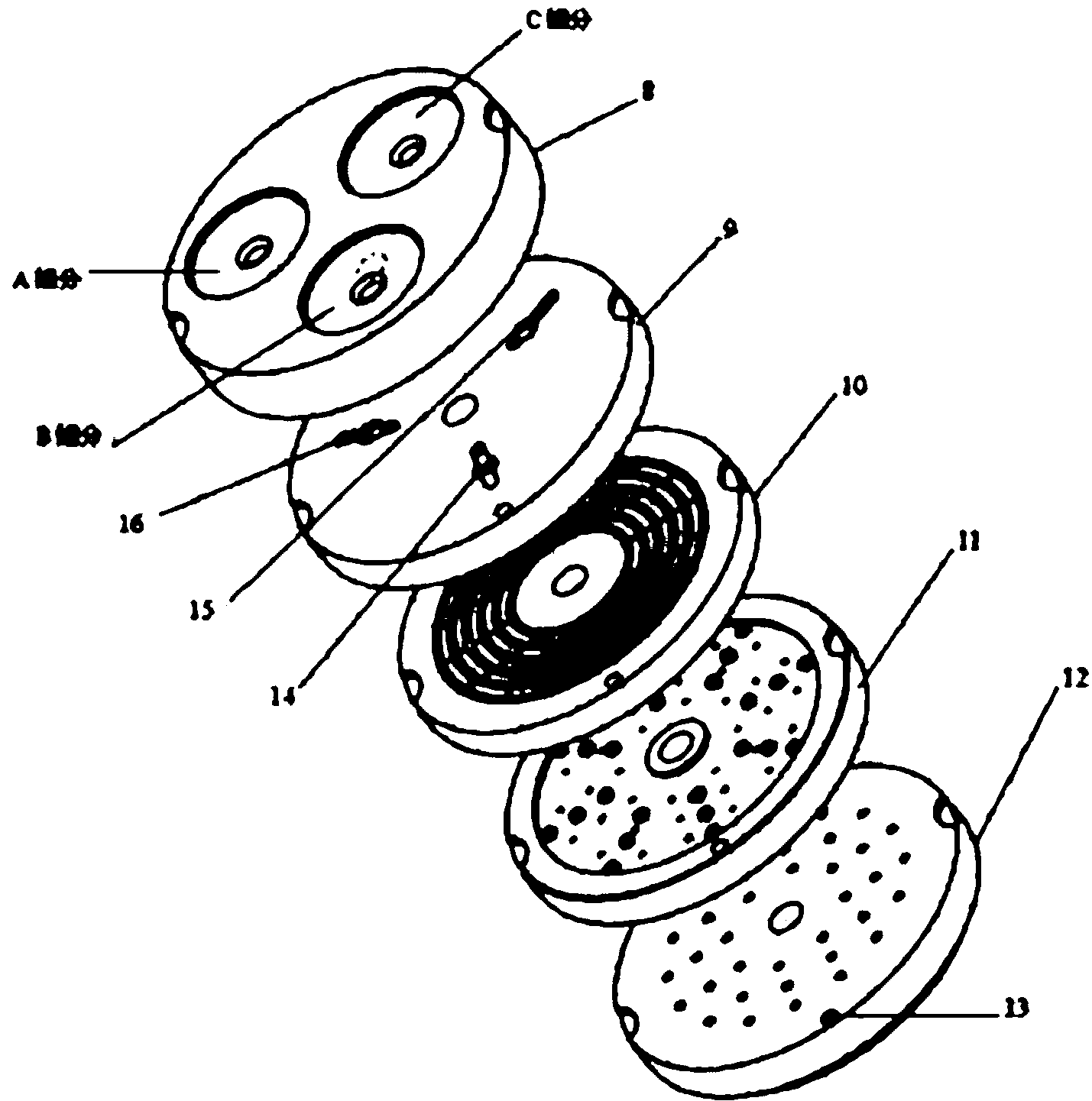 Device used for producing three-component skin core type fiber