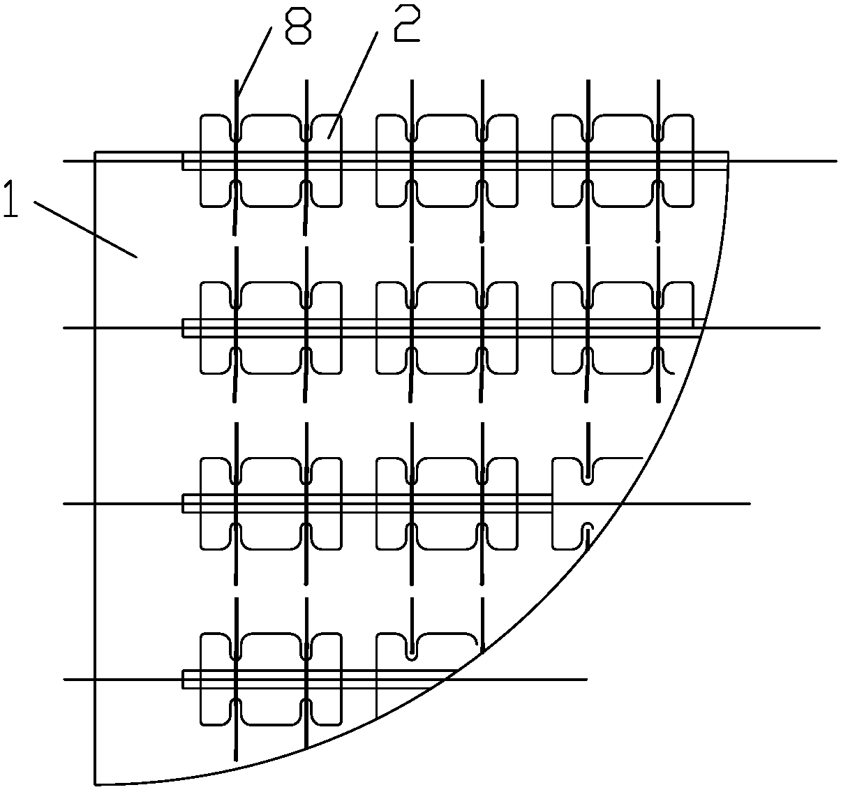 Dish-shaped concrete block bottom protection software row