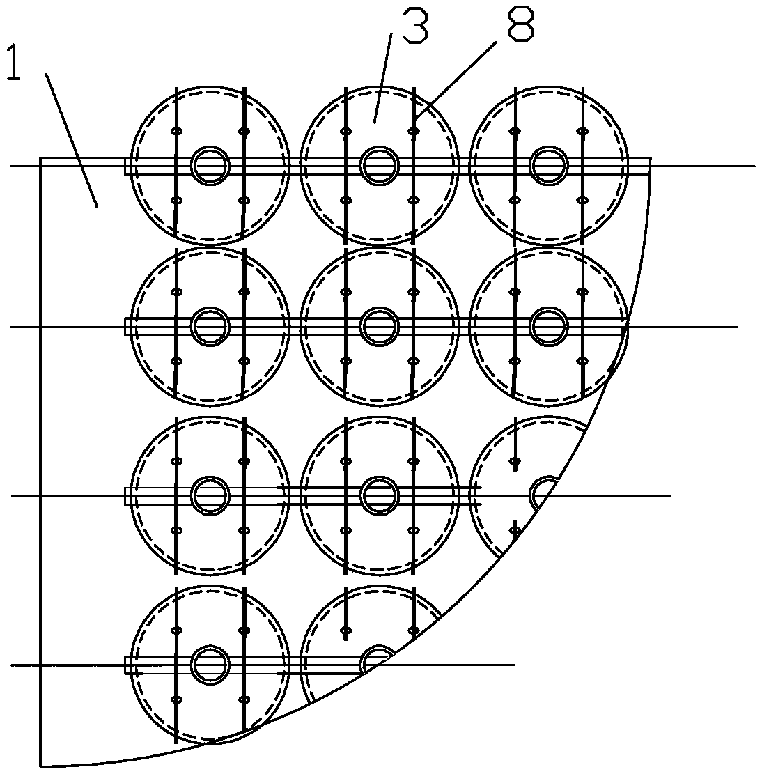 Dish-shaped concrete block bottom protection software row