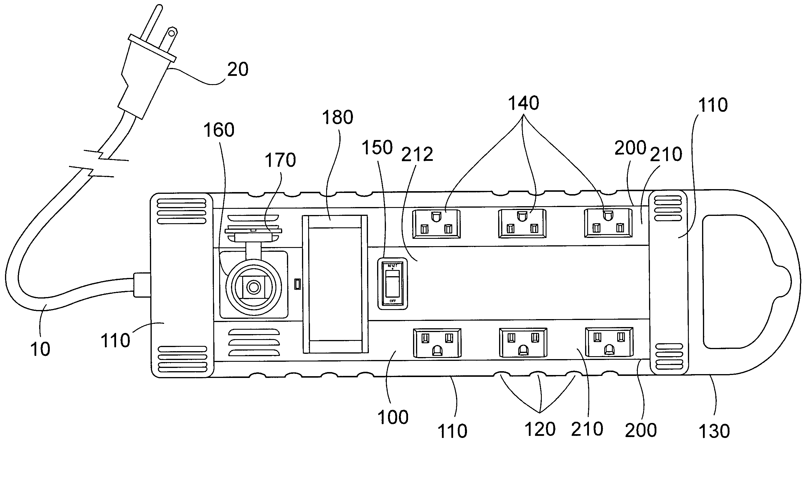 Power strip with 12 volt outlet