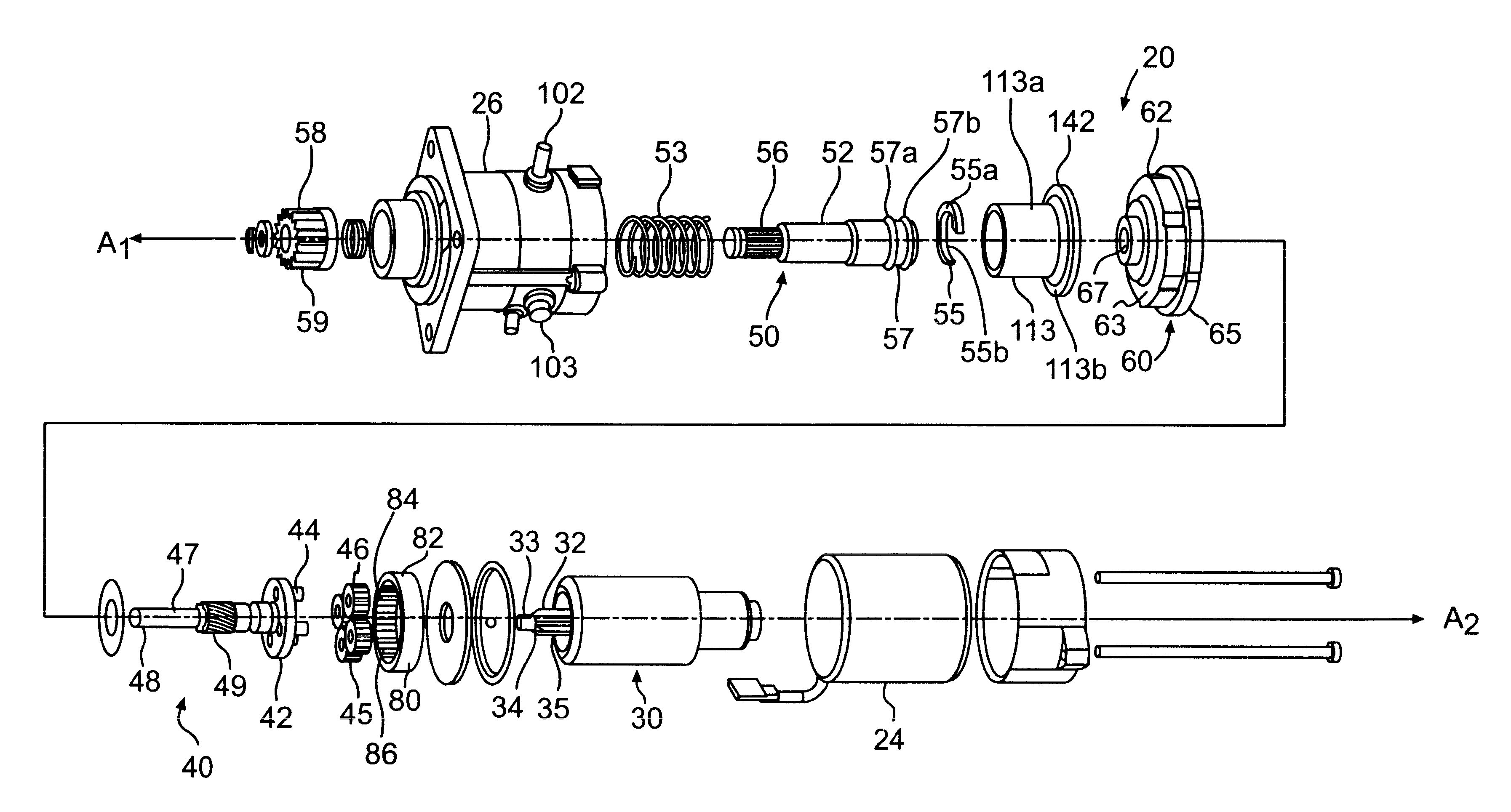 Engagement and disengagement mechanism for a coaxial starter motor assembly