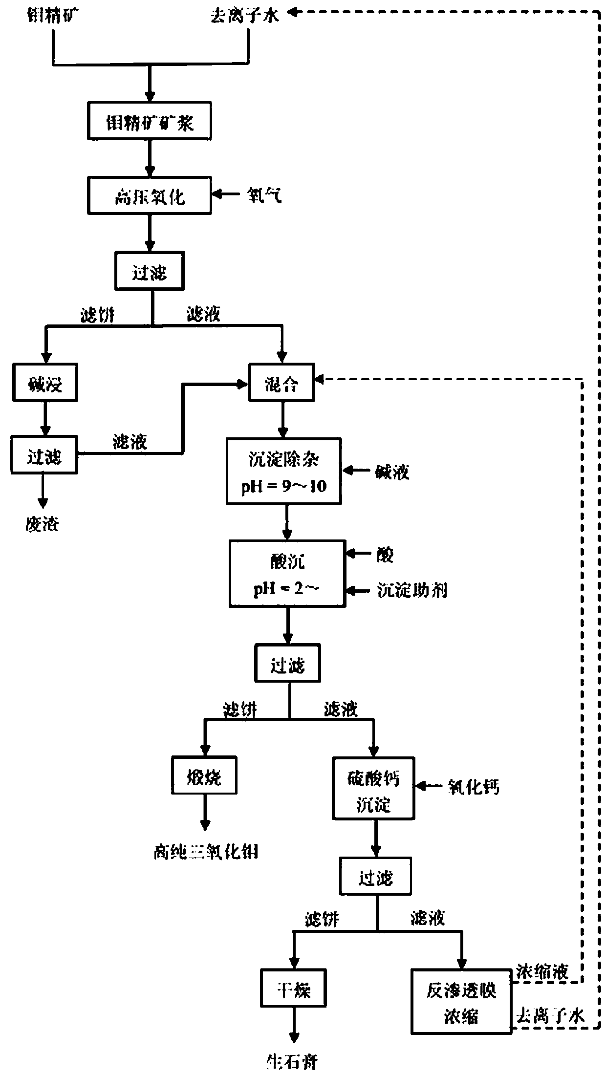 Method for preparing high-purity molybdenum trioxide from molybdenum concentrate through hydrometallurgy