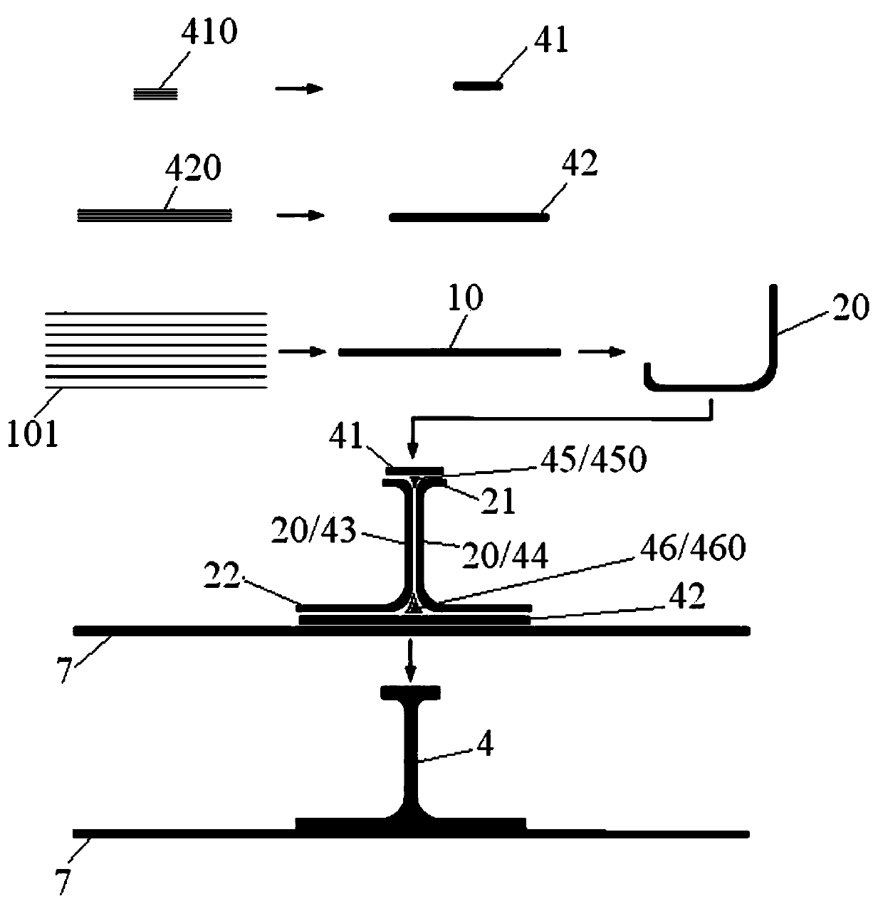 Compression molding method of thermoplastic composite component with I-shaped reinforcing ribs