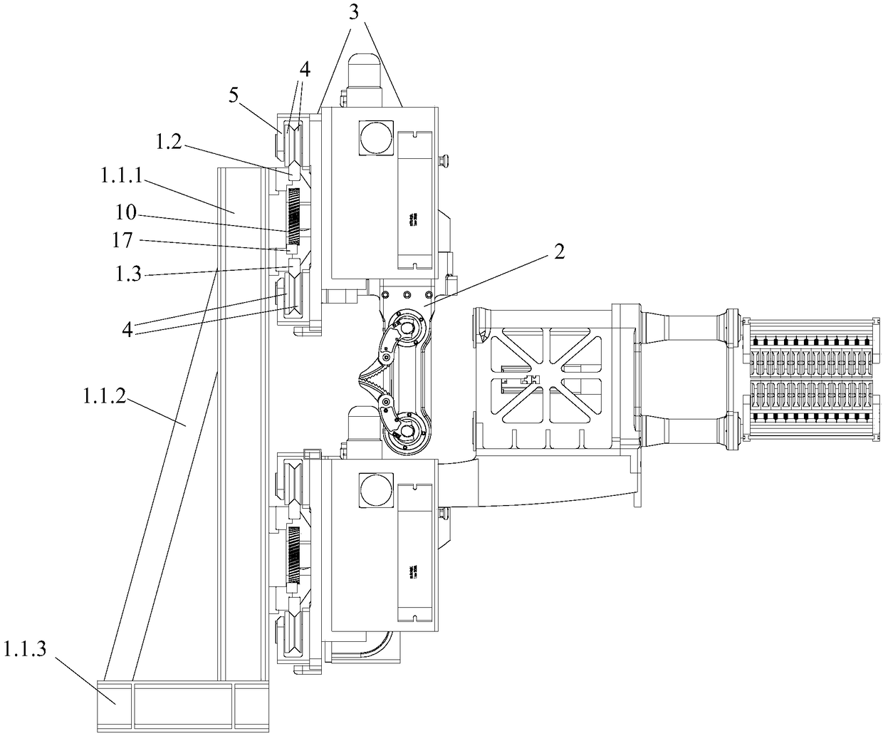 Vertical type travelling mechanism for section bar traction