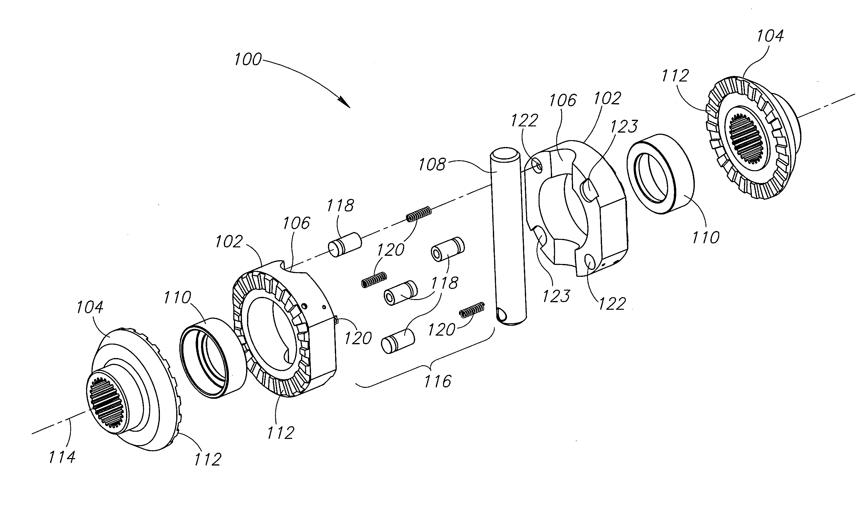 Locking differential with shear pin/spring assembly