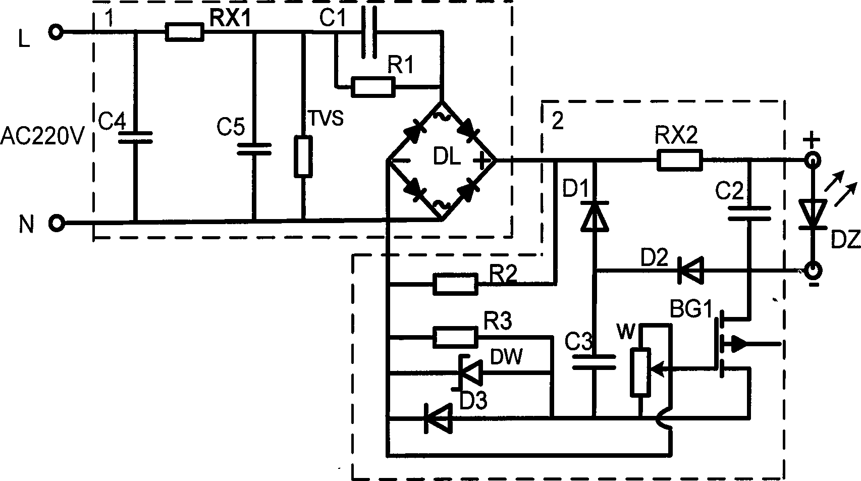 Non-polar capacitor voltage reducing and dividing rectification linear light-emitting diode (LED) driving circuit