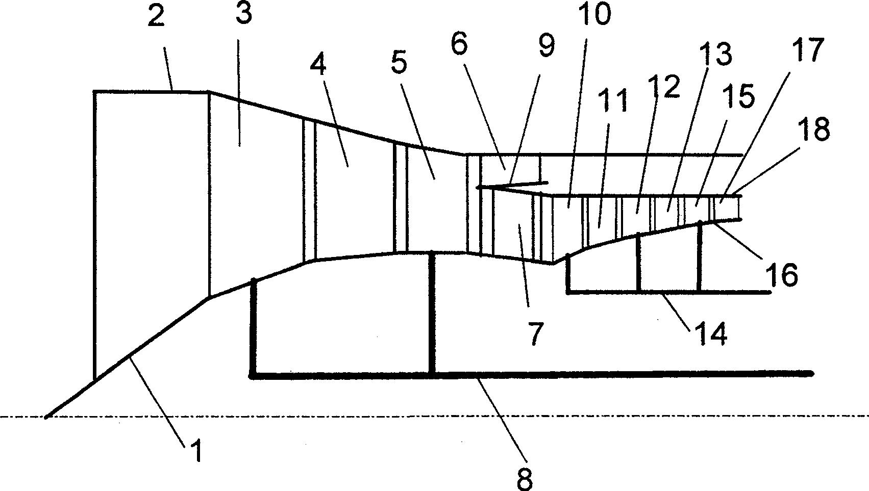 Compact pneumatic overall arrangement of compression system in aerial turbo fan engine