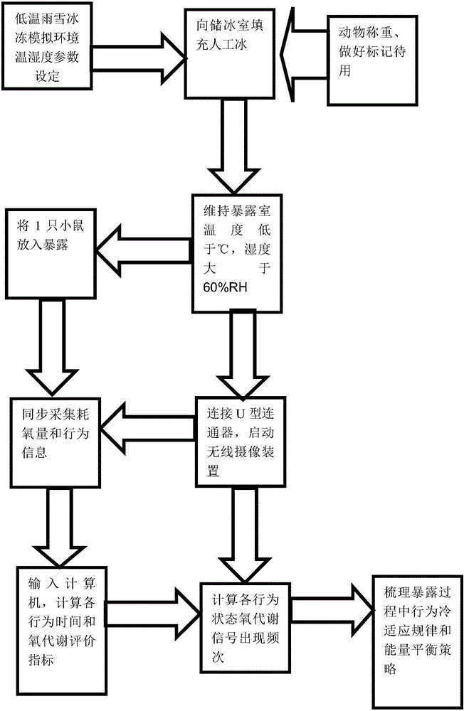 Method for synchronously measuring time allocation and oxygen consumption under simulated environment of low temperature, rain, snow and freezing