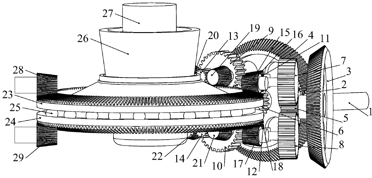 Bevel gear coaxial contra-rotating double-rotor transmission mechanism