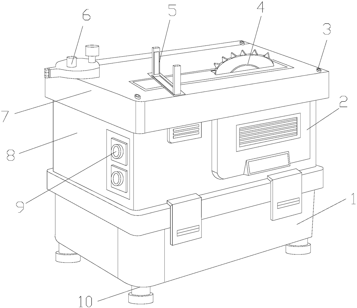 Wood cutting machine with fixing device and dust removal function