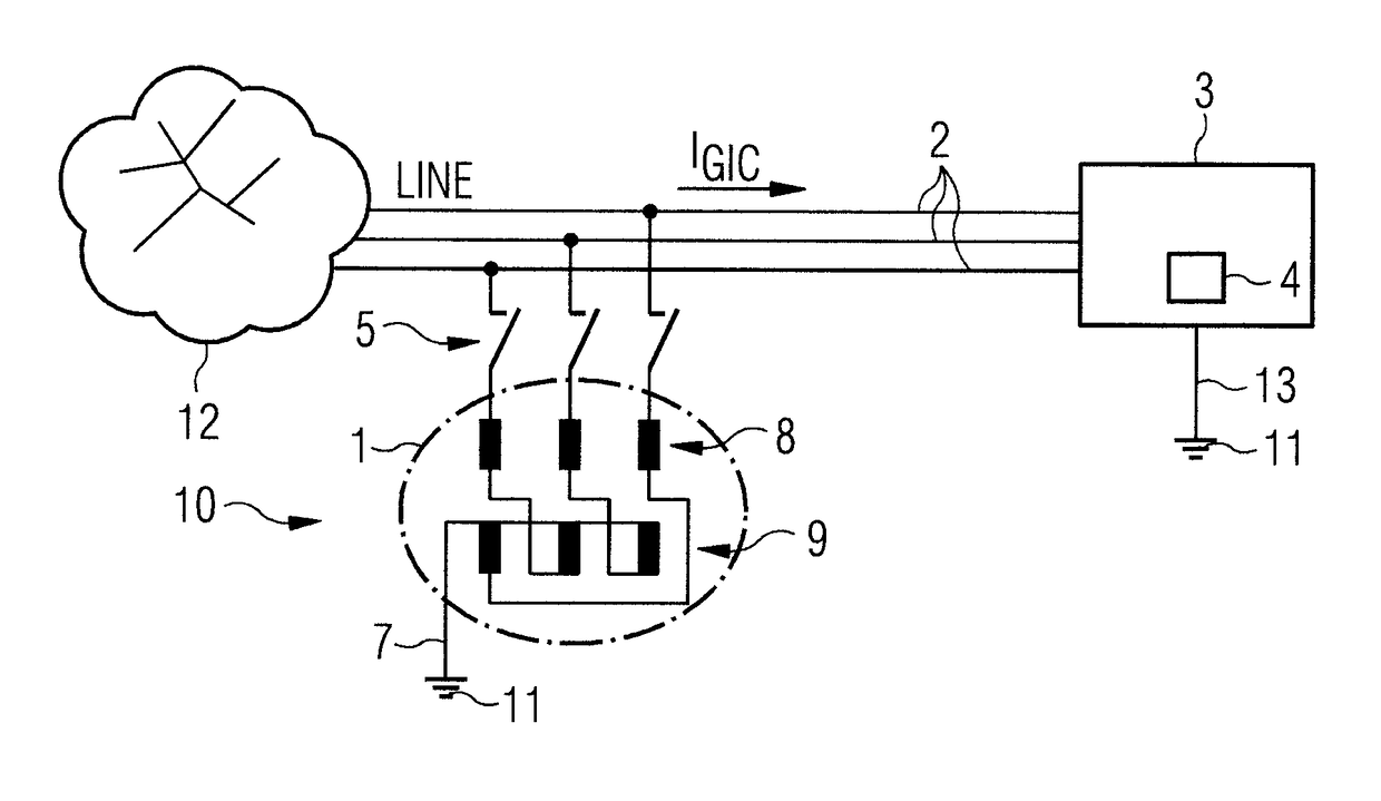 Protective device for protecting a transformer against geomagnetically induced currents