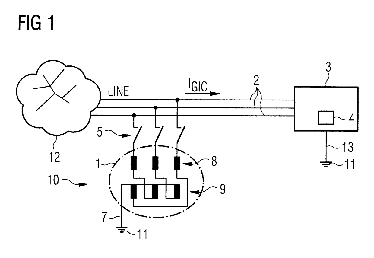 Protective device for protecting a transformer against geomagnetically induced currents