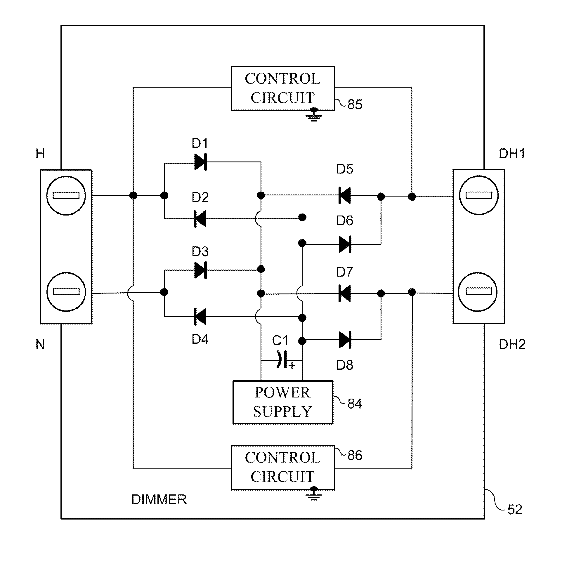 Lighting dimmer adaptable to four wiring configurations