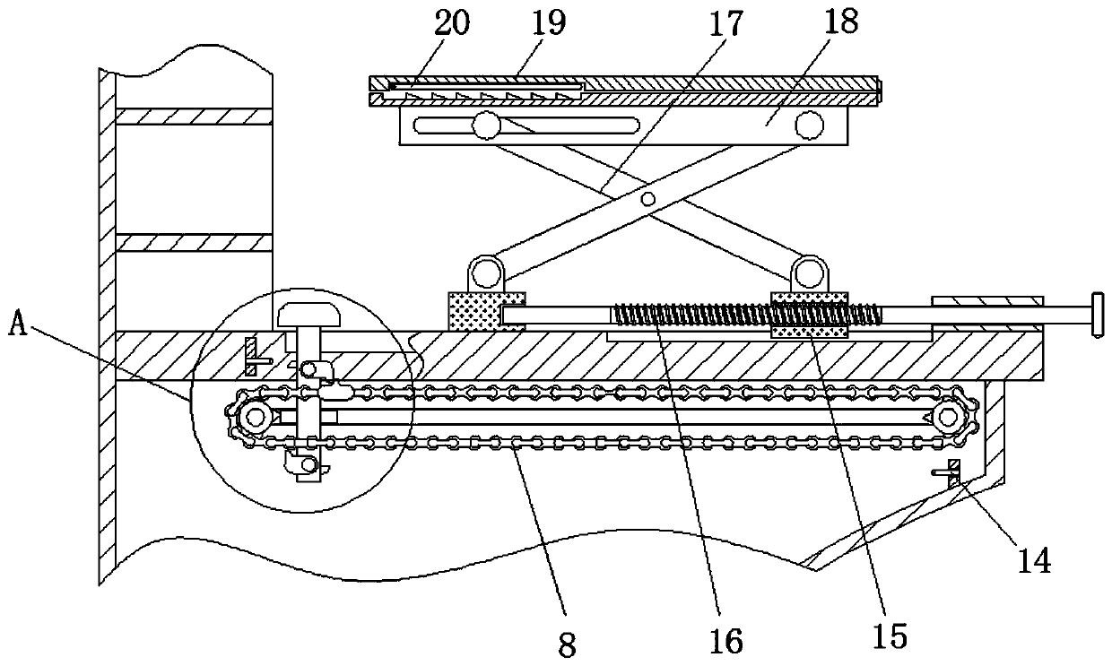 Hardware development operation table capable of automatically cleaning by utilizing chain reciprocating motion