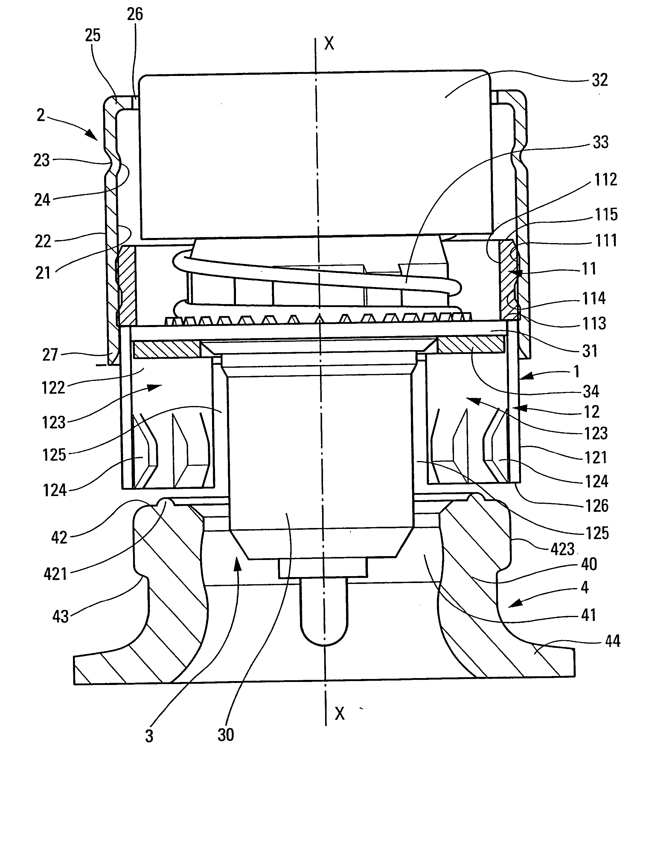 Fixing device and a fitting method for fixing a dispenser member to a reservoir opening