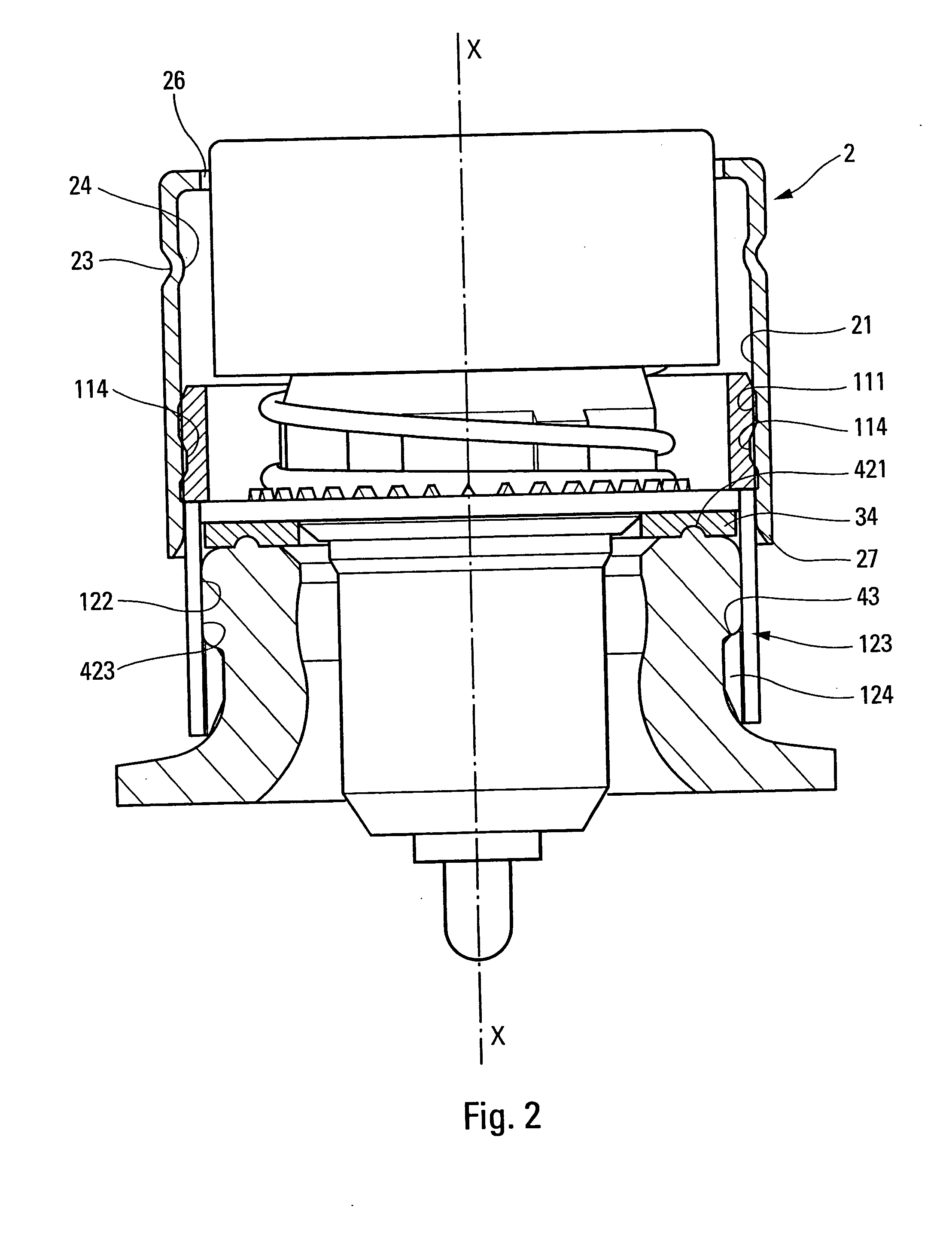 Fixing device and a fitting method for fixing a dispenser member to a reservoir opening