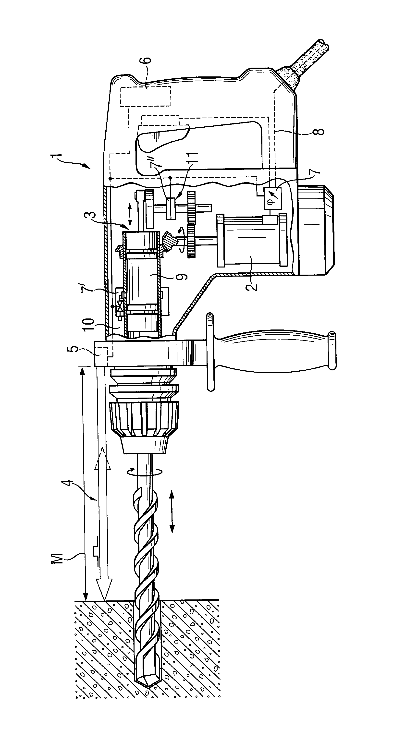 Hand held rotary-percussion tool with an electronic depth stop