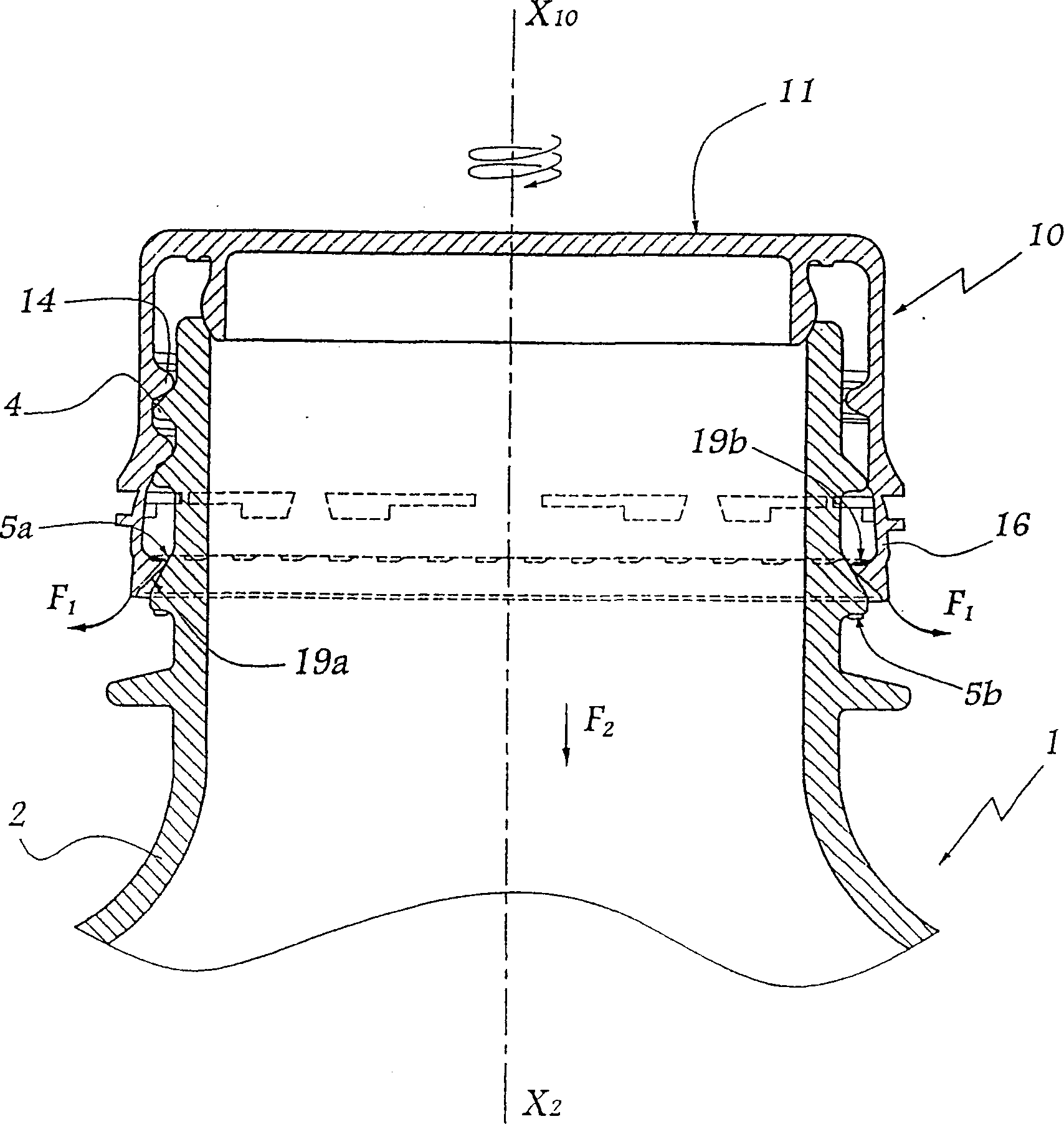 Closure device, neck compatible with said device and container comprising such a neck closed by said device