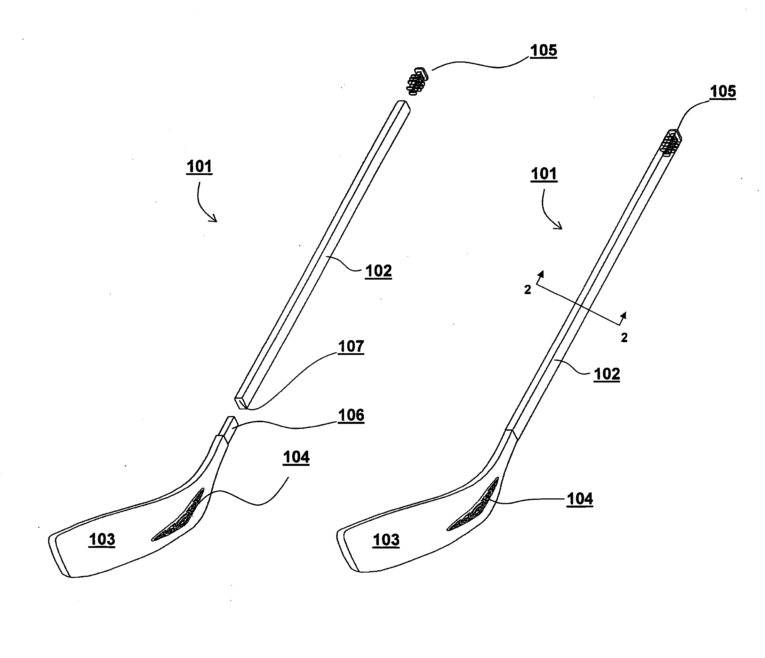 Co-molded, focused weighted, dimple arrayed hockey sticks and other composite structures