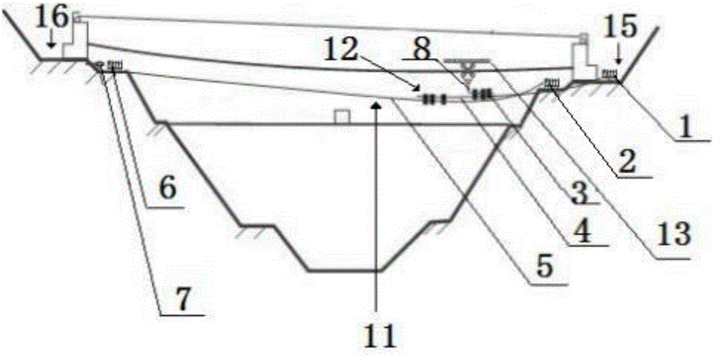 Structure and method for assisting traction skyline to cross river by cable crane traveling trolley