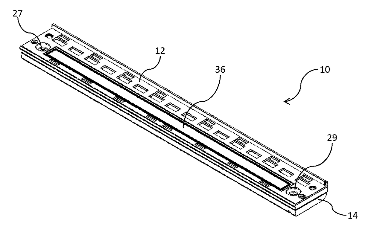 Inkjet printhead with transverse ribs across fluid channel having tapered heights