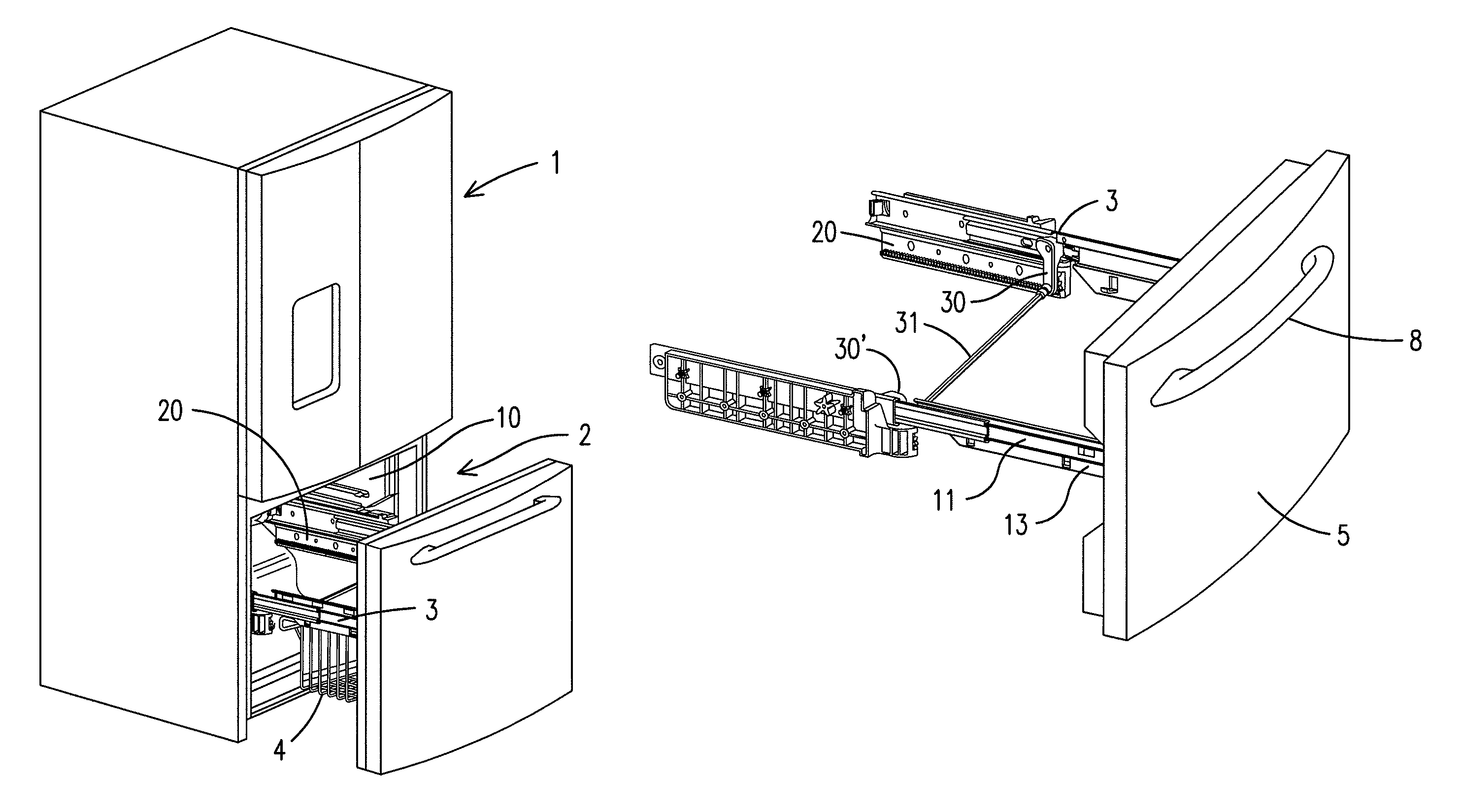 Support beam for a cabinet drawer