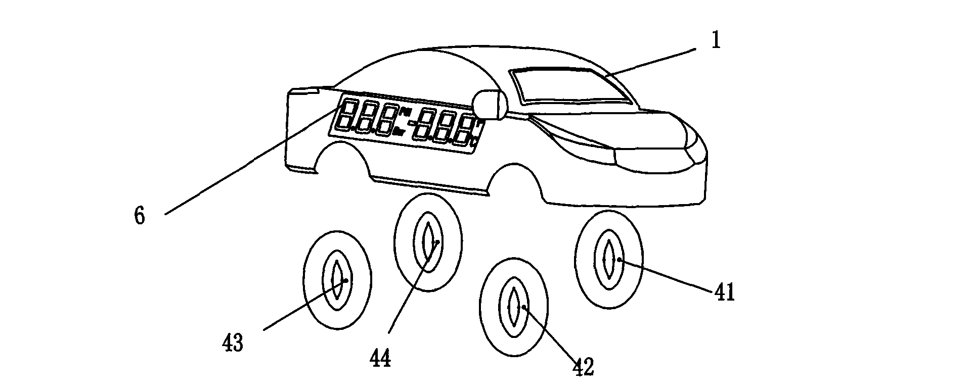 Vehicle tyre pressure monitoring and alarm device displayed by vehicle model