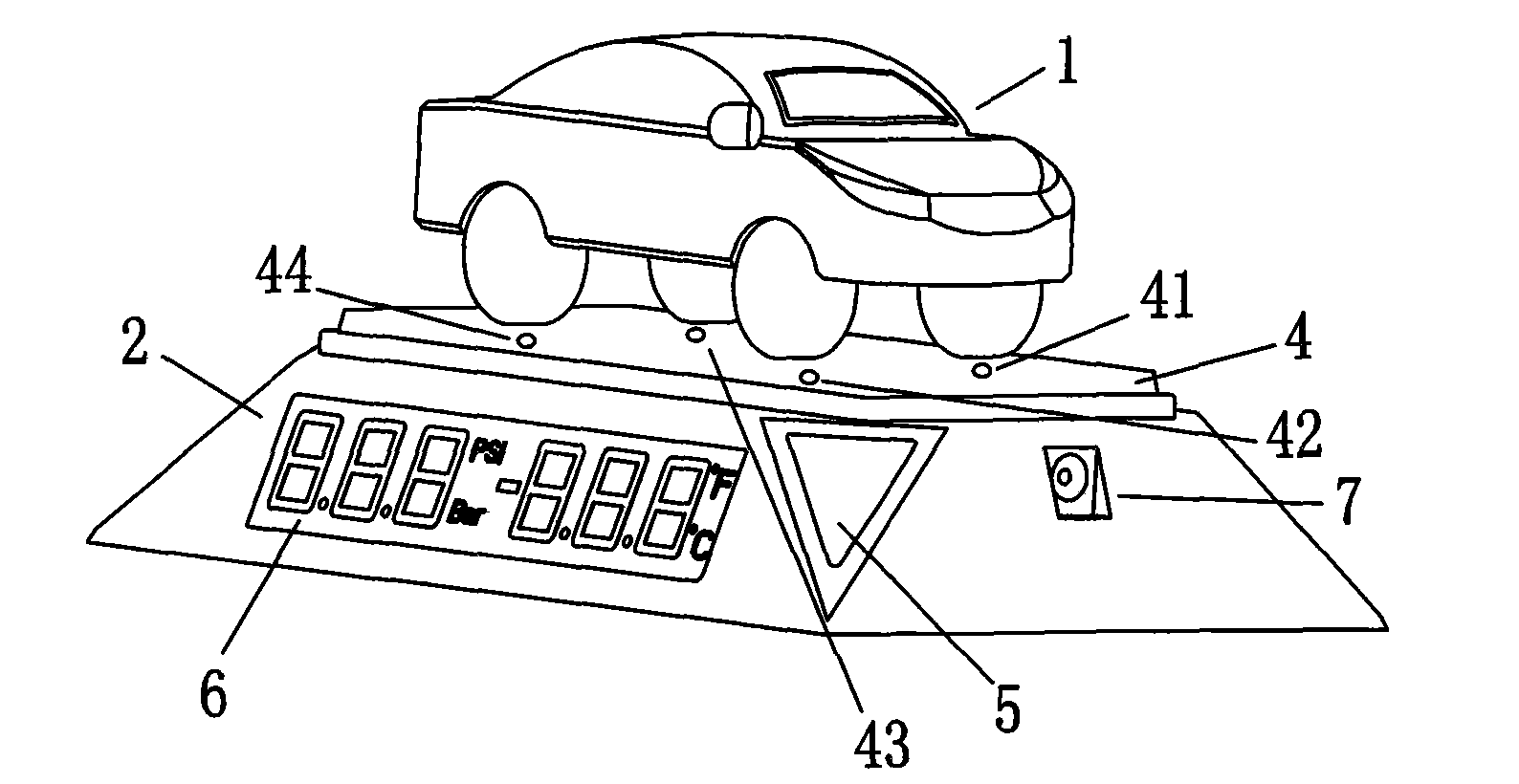 Vehicle tyre pressure monitoring and alarm device displayed by vehicle model