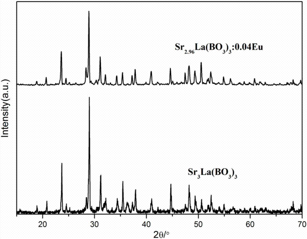 Europium doped lanthanum-strontium triborate based green fluorescent powder and preparation method thereof