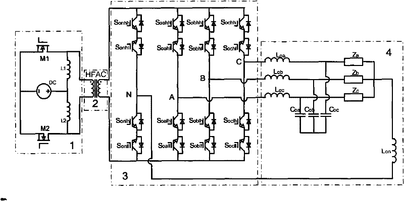 Dual Boost inversion preceding stage high frequency link matrix type three-phase four-arm pair inversion topology