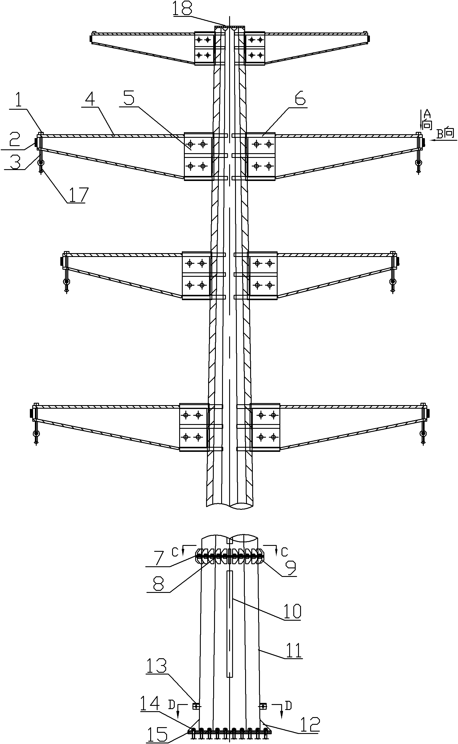 Multi-prism steel pipe pole of power transmission line