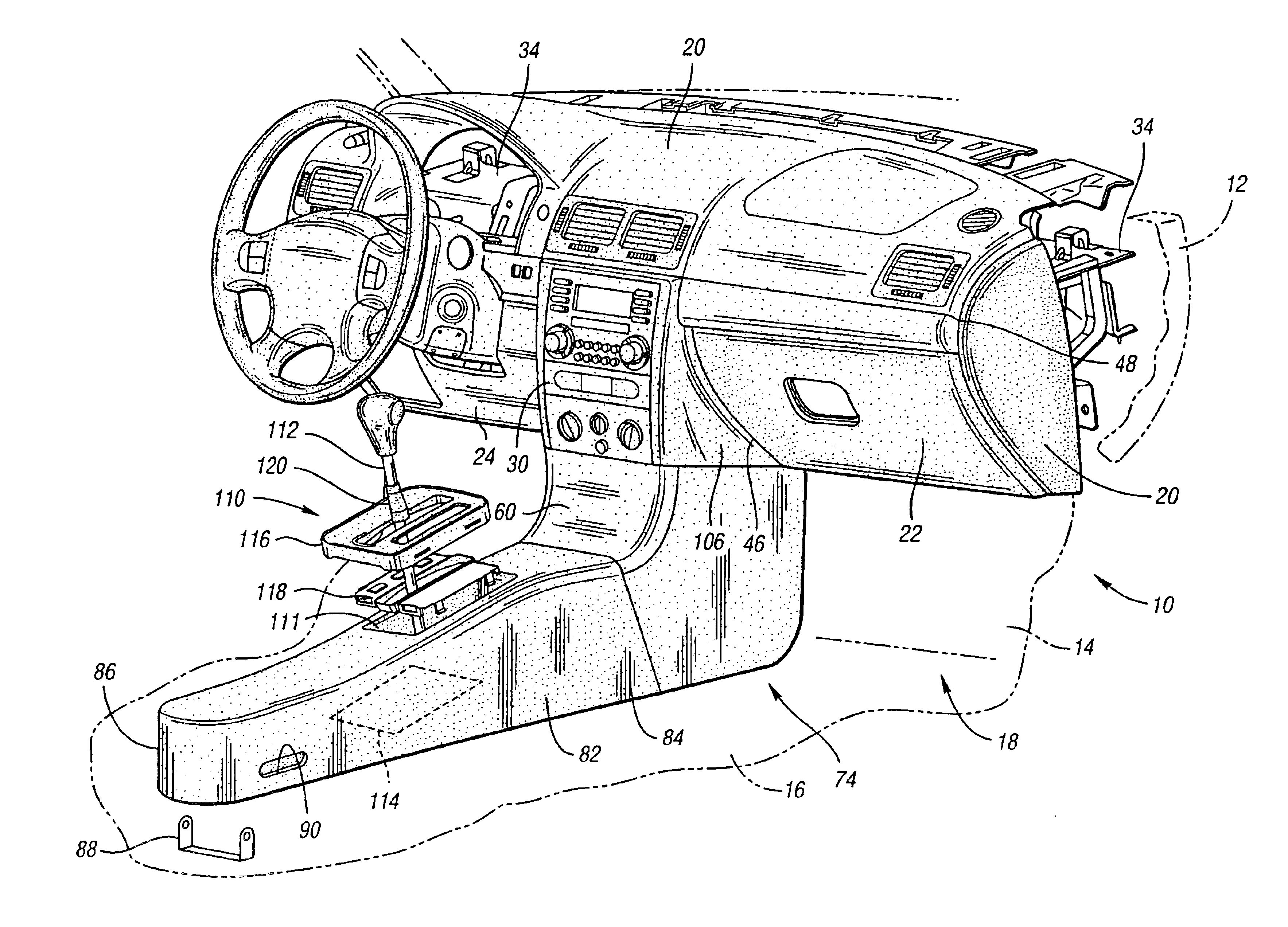 Pivoting instrument panel central stack structure and method for flow-through instrument panel console interface