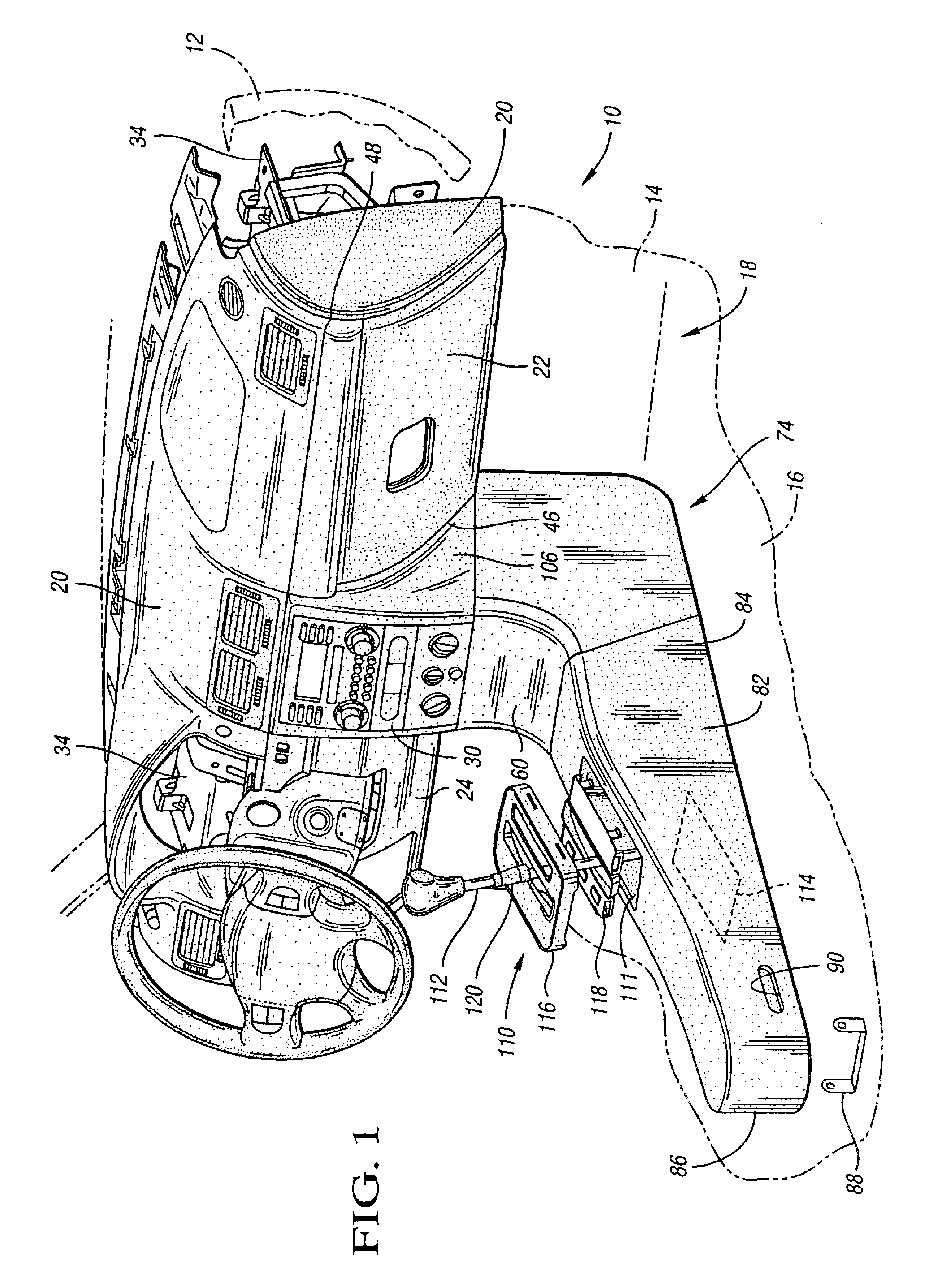 Pivoting instrument panel central stack structure and method for flow-through instrument panel console interface