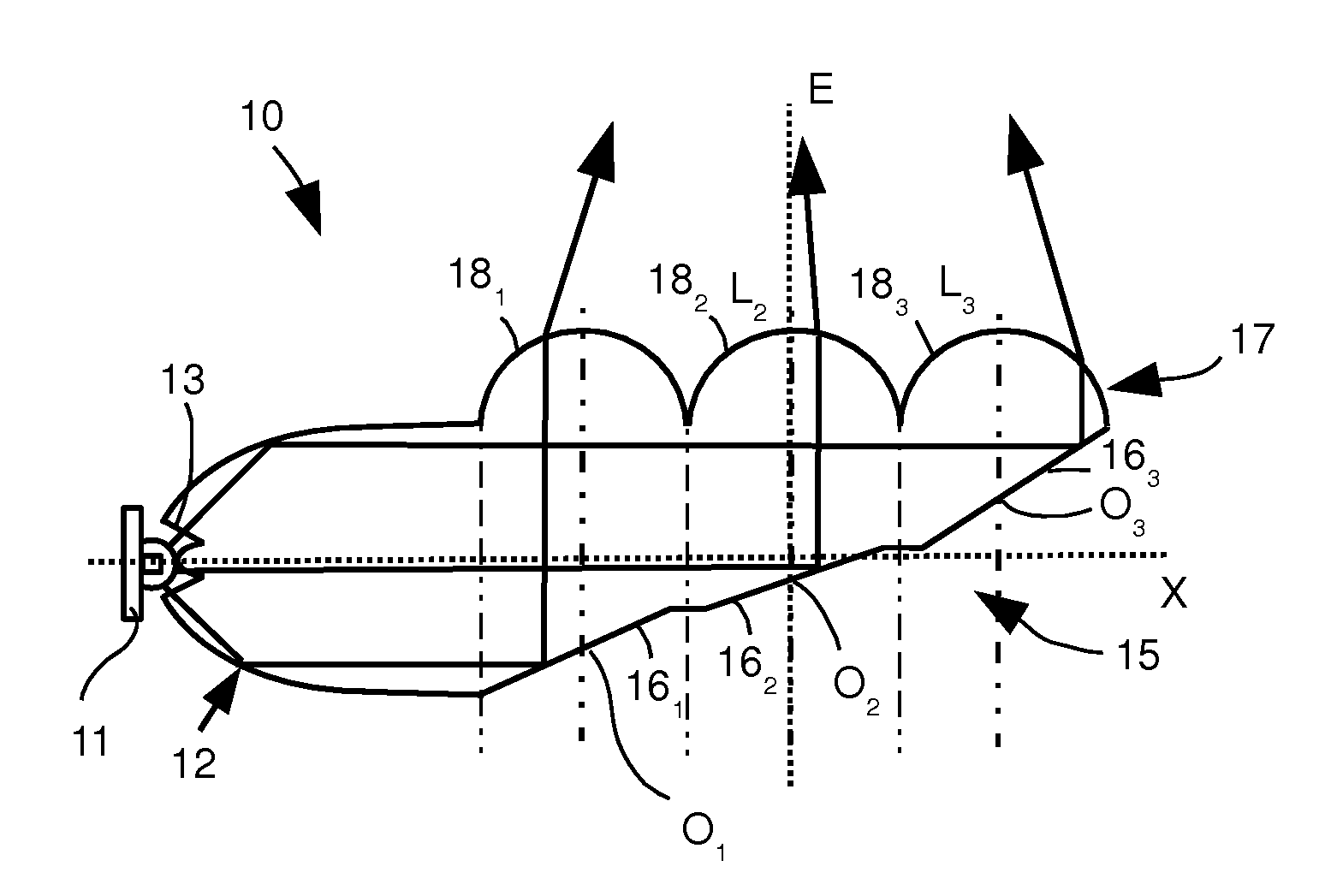 Automotive vehicle optical device having dioptric elements integrated into the light duct