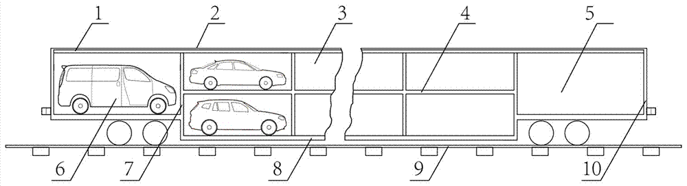 Cell type concave bottom bi-layer car transportation train compartment based on lateral loading