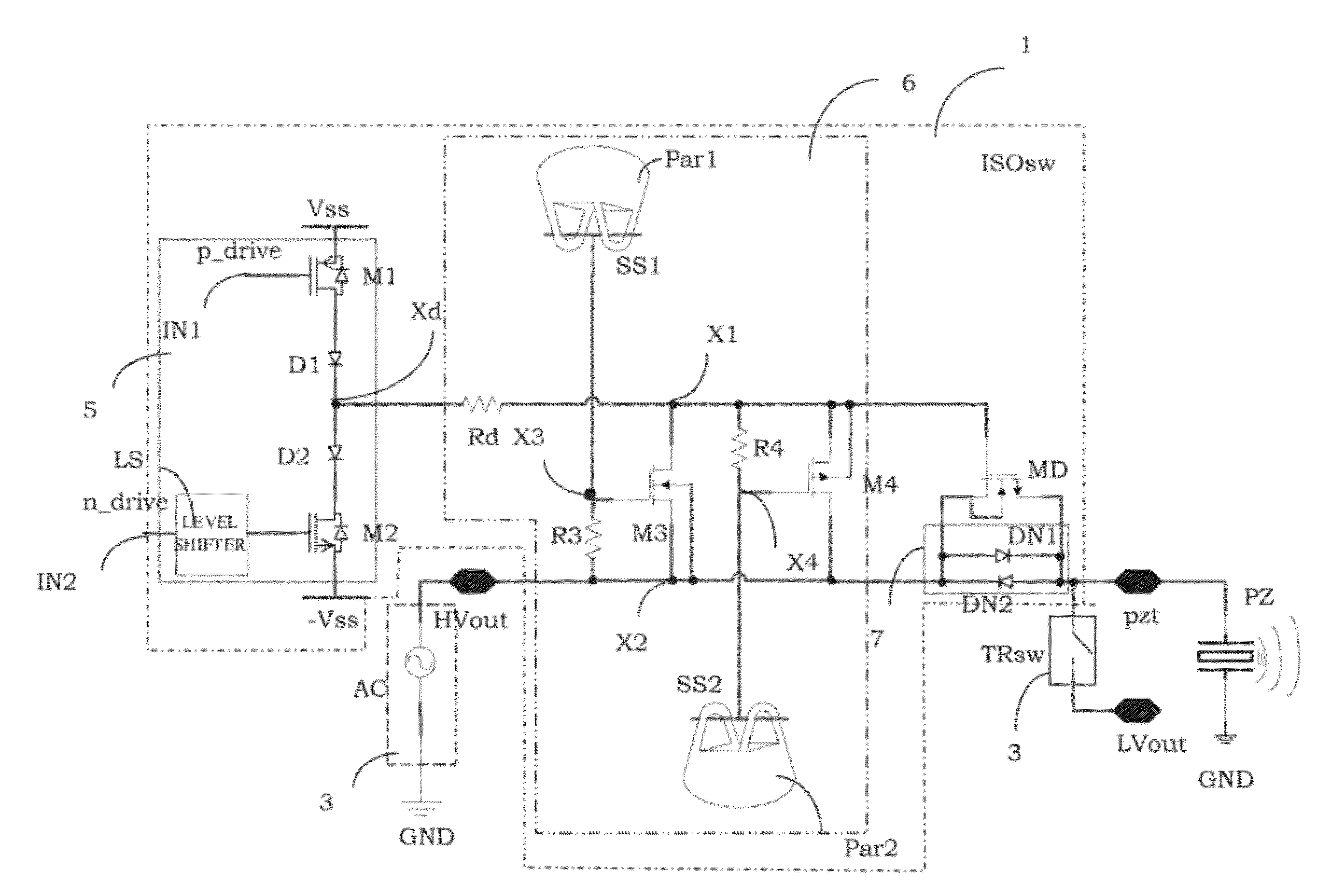 Low voltage isolation switch, in particular for a transmission channel for ultrasound applications