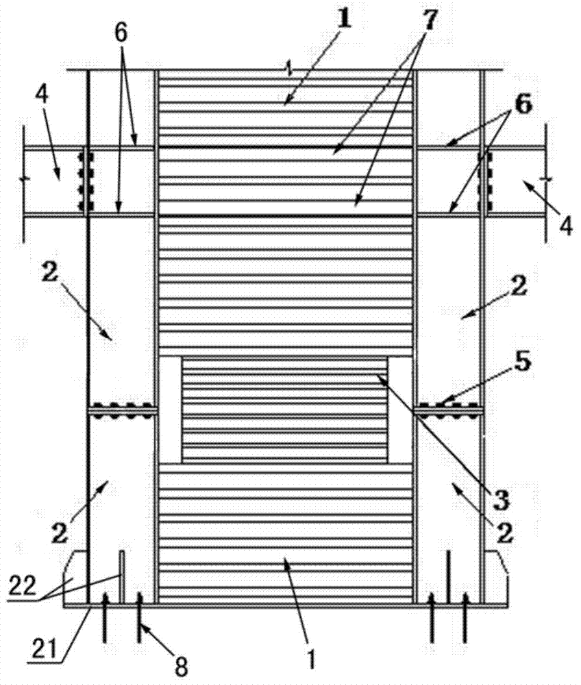 Column through type corrugated steel plate energy dissipation shear wall structure