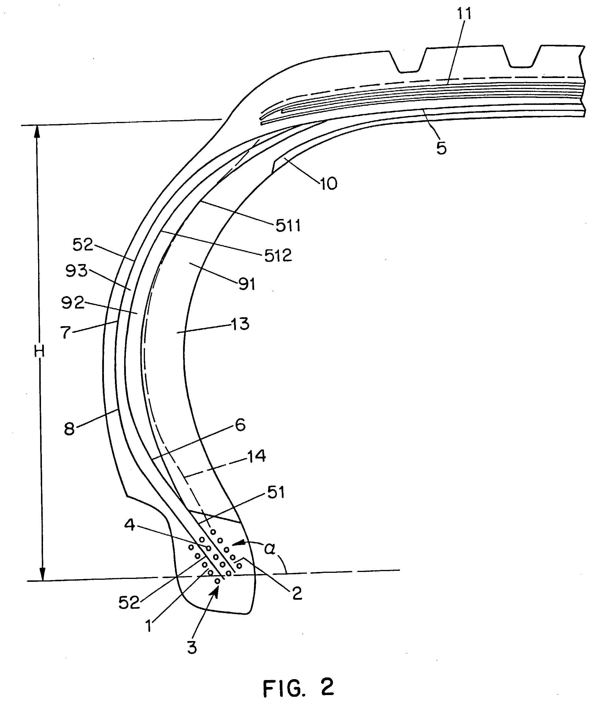 Tire having more carcass layers in sidewall than in bead