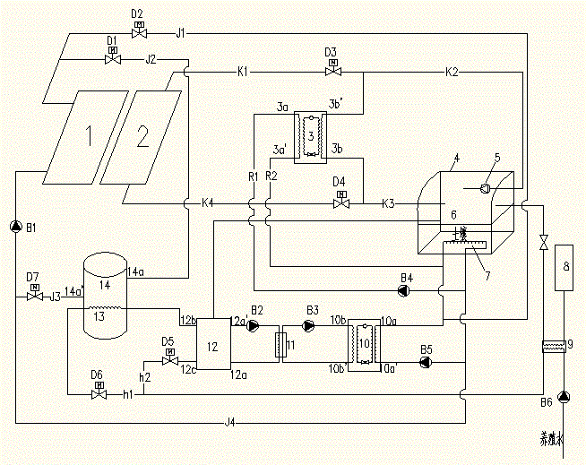 Solar-heat pump combined heating system for parallel heating of water and air in greenhouse