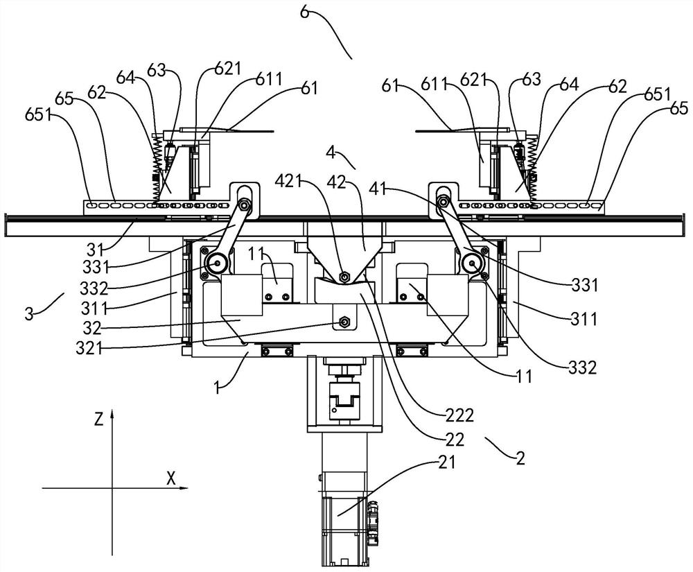 A single-power two-way moving device and stacking equipment