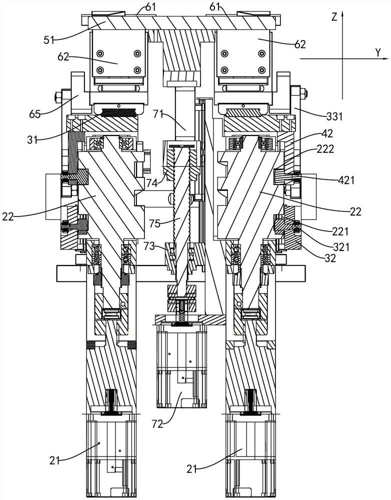 A single-power two-way moving device and stacking equipment