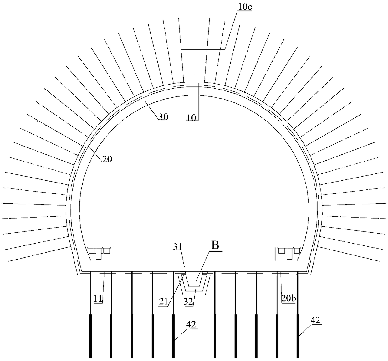 Bottom-anchor-constrained tunnel lining structure