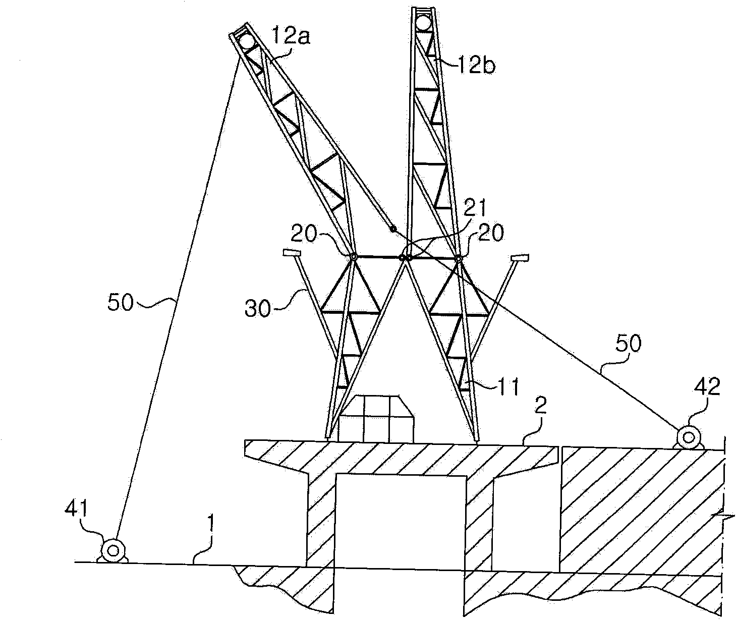 Foldable derrick structure for a ship